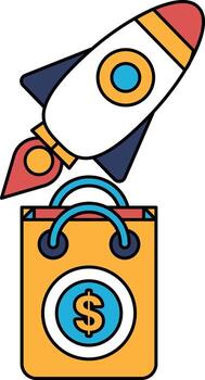 A rocket is flying through the air with a shopping bag in front of it vector