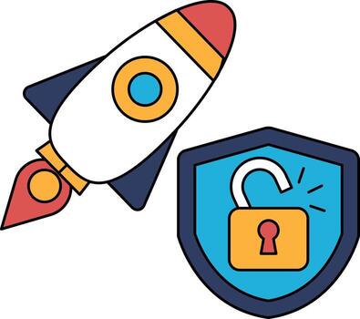 A rocket is flying through the sky with a shield behind it vector