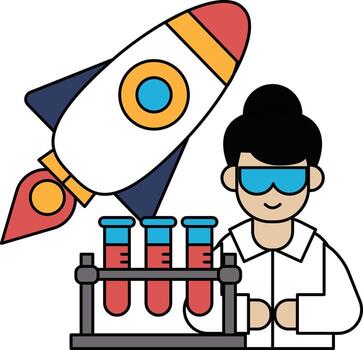 A man in a lab coat is holding a rocket and a set of test tubes vector