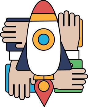 A rocket is surrounded by hands, symbolizing teamwork and collaboration vector