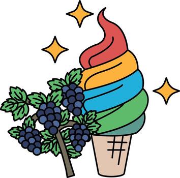 A drawing of a strawberry bush with a strawberry ice cream cone in front of it vector