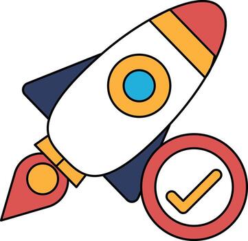 A rocket is flying through space with a check mark on it vector