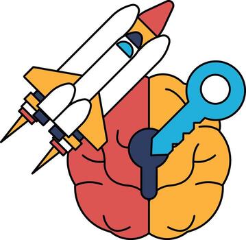 A rocket is flying in the sky and a key is being held by a person vector