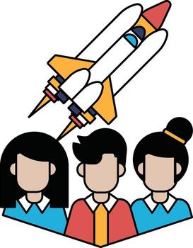 un negro y blanco dibujo de un cohete con Tres personas en frente de eso vector