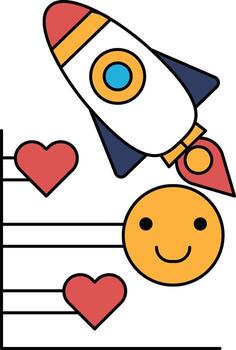A rocket is flying through the sky with a smiling face and a row of hearts vector