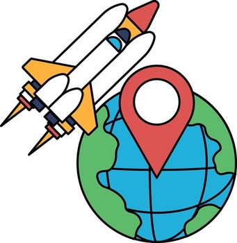 A black and white drawing of a rocket and a globe with a small dot on it vector