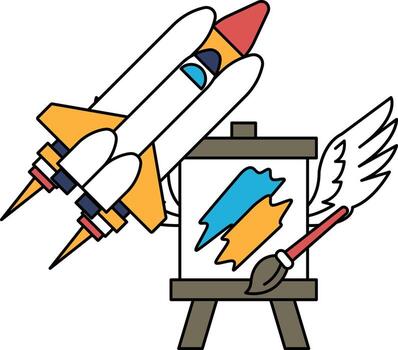 A rocket is flying in the sky above a canvas with a brush and paint on it vector