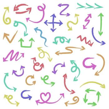 Various arrows. Turn signals. Different curved lines, arrows are drawn on the side. vector