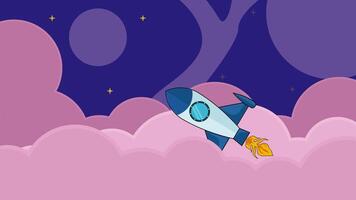 raket lansera in i Plats tecknad serie animering bakgrunder . yttre Plats utforskning med stjärnor och moln himmel för astronomi och vetenskap teknologi animerad antal fot rörelse video