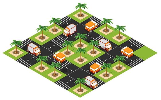Delivery trucks driving on a grid road with palm trees in isometric view vector