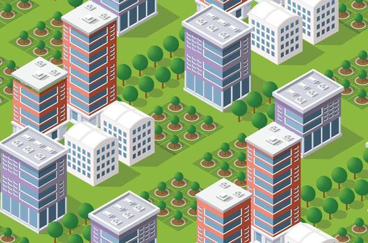 isométrica sin costura modelo con rascacielos y arboles vector