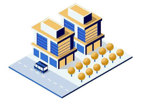 Isometric building with trees and a bus vector