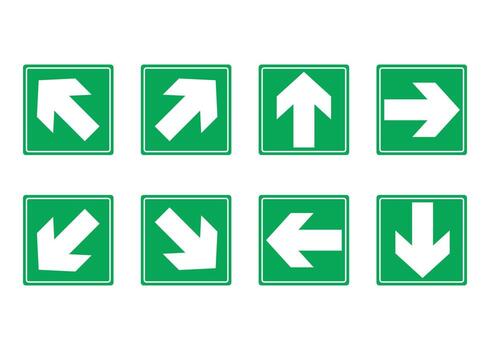 Comprehensive Directional Arrow Sign Set. Green Square Safety Pictograms for Emergency Exit, Evacuation, and Wayfinding Navigation vector