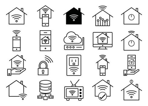 Smart Home and IoT Line Art Icon Set. Home Automation, Wireless Connectivity, Security, and Remote Control Symbols for Technology Apps vector