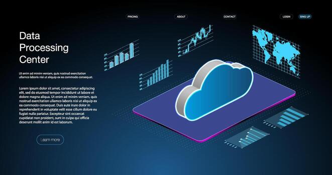 Data processing center showcasing cloud technology and data analytics in a modern digital environment vector