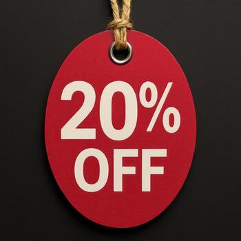 Red tag with 20 percent off on it hanging on a rope photo