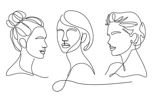 Minimalist continuous line drawing of three diverse female faces with different hairstyles and expressions vector