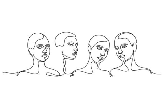 minimalista continuo línea dibujo de cuatro diverso humano caras en perfil y frente a adelante en contra un blanco antecedentes vector