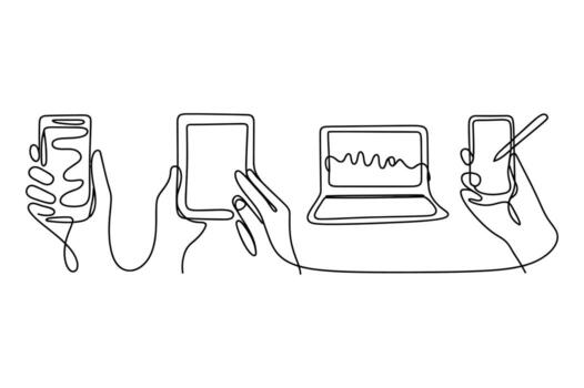 Continuous line drawing of hands holding various modern electronic devices connected by cables illustrating digital technology and communication vector