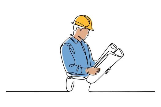 uno continuo línea dibujo de un construcción trabajador vistiendo un difícil sombrero y participación planos representando planificación y desarrollo en el industria vector