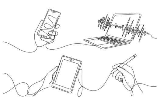 Abstract hand drawn sketch of modern technology devices including a smartphone laptop and tablet connected by lines representing data flow vector