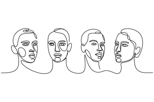 Minimalist continuous line drawing of four diverse faces connected by a single flowing line representing unity and connection vector