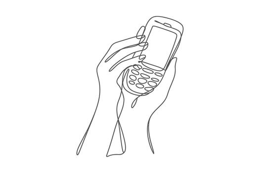 minimalista línea Arte dibujo de un mano participación un teléfono inteligente y un pequeño redondo objeto con un texturizado superficie vector