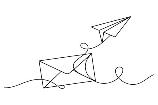 minimalista continuo línea dibujo de un sobre con un papel avión tomando vuelo en un caprichoso ondulado línea vector