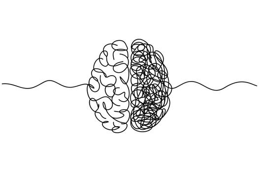 Abstract illustration of a human brain divided into two halves showing order and chaos with a wavy line connecting them vector