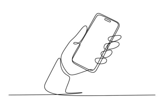 Minimalist continuous line drawing of a hand holding a modern smartphone with a blank screen against a clean white background vector