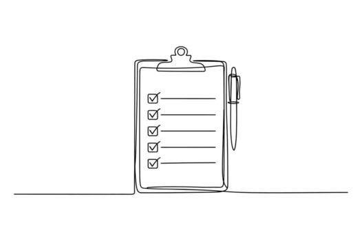 Minimalist continuous line drawing of a clipboard with a checklist and pen on a white background representing tasks and planning vector