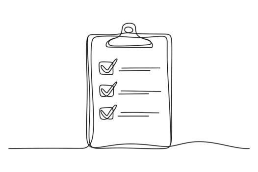 minimalista continuo línea dibujo de un portapapeles con un Lista de Verificación y Tres terminado Tareas marcado con marcas de verificación vector