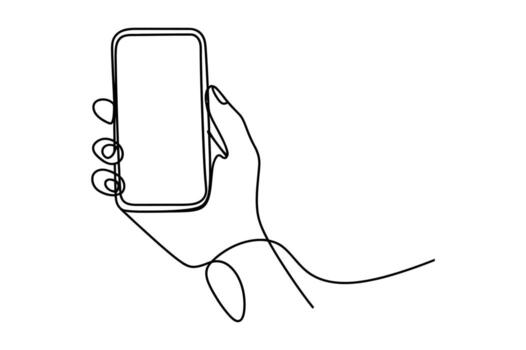 minimalista continuo línea dibujo de un mano participación un teléfono inteligente con un blanco pantalla para creativo utilizar y digital contenido vector
