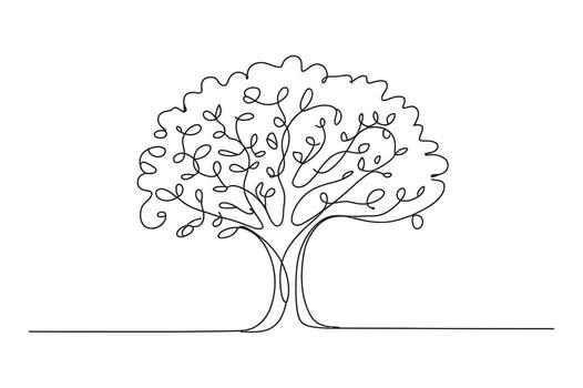 Minimalist hand drawn single line art of a stylized tree with leaves and branches on a white background vector