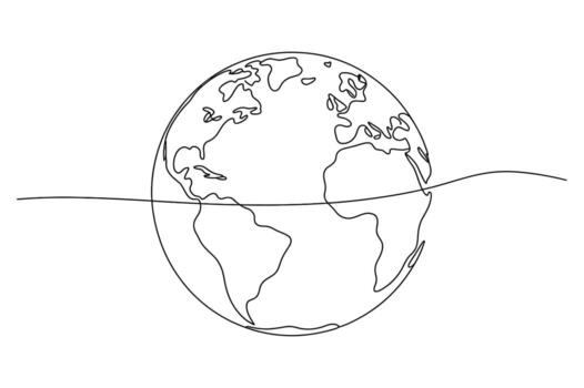 Minimalist single line drawing of planet earth with a horizontal line crossing through its center symbolizing global unity or a dividing line vector