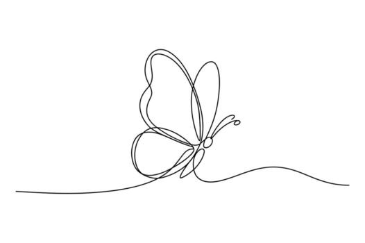 Elegant single line drawing of a butterfly in flight with delicate dotted wings and flowing antennae on a white background vector