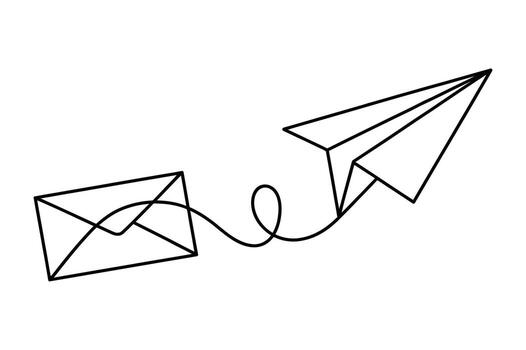 Hand drawn sketch of a paper airplane carrying a letter or envelope connected by a whimsical curly string on a white background vector