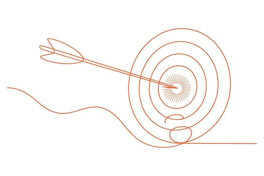 Abstract single line drawing of an arrow hitting the bullseye on a target with concentric circles representing focus and success vector