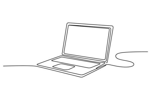 Minimalist single line drawing of an open laptop computer with a blank screen and a connected power cord on a white background vector