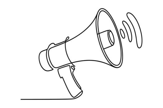 Simple continuous line drawing of a megaphone emitting sound waves symbolizing communication announcement and public speaking concept vector