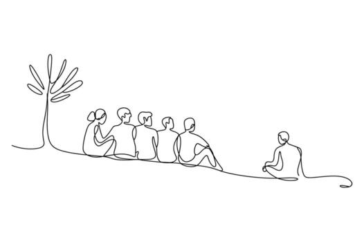 minimalista línea Arte dibujo de un grupo de personas sentado en un circulo debajo un estilizado árbol con uno persona meditando por separado vector