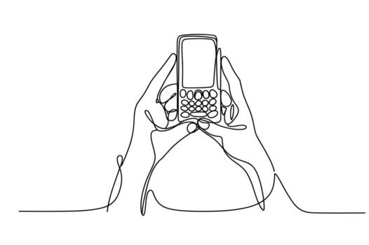 Minimalist continuous line drawing of hands holding an old fashioned mobile phone with a keypad and screen against a white background vector