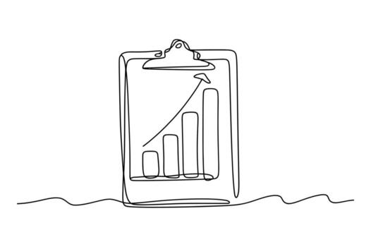 Minimalist continuous line drawing of a clipboard displaying a rising bar graph with an upward trending arrow indicating growth and success vector