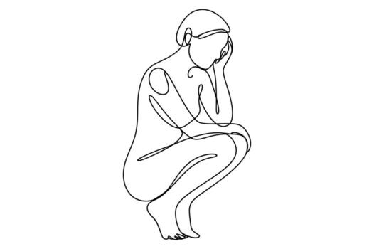 minimalista continuo línea dibujo de un pensativo hembra figura en un agachado actitud con mano a cara expresando contemplación y introspección vector