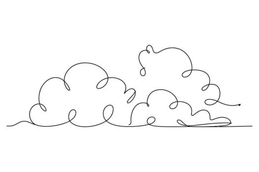 Minimalist continuous line drawing of fluffy cumulus clouds against a clean white background representing a simple sky vector