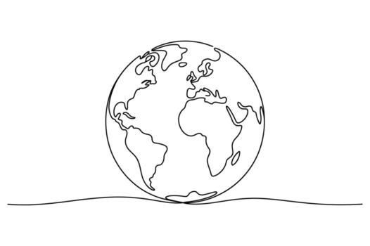 Minimalist single line drawing of planet earth as an oval shape with continents depicted on a simple horizontal line background vector