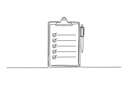 Minimalist continuous line drawing of a clipboard with a checklist and pen on a white background representing tasks and organization vector