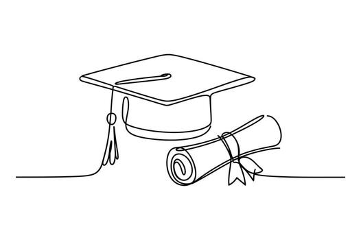 Simple hand drawn sketch of a graduation cap and diploma scroll on a white background representing academic achievement vector