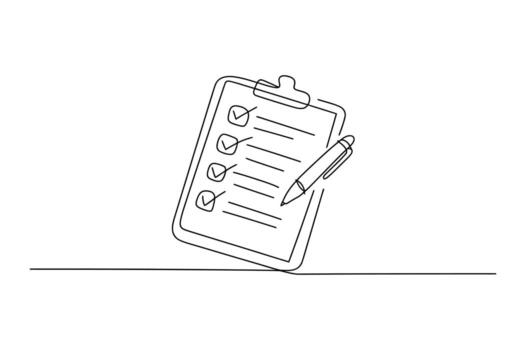 mano dibujado continuo línea Arte de un portapapeles con un Lista de Verificación y un bolígrafo Listo a marca artículos apagado el lista vector