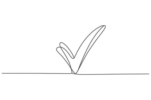 sencillo mano dibujado continuo línea Arte de un cheque marca símbolo en un blanco antecedentes representando aprobación y éxito vector